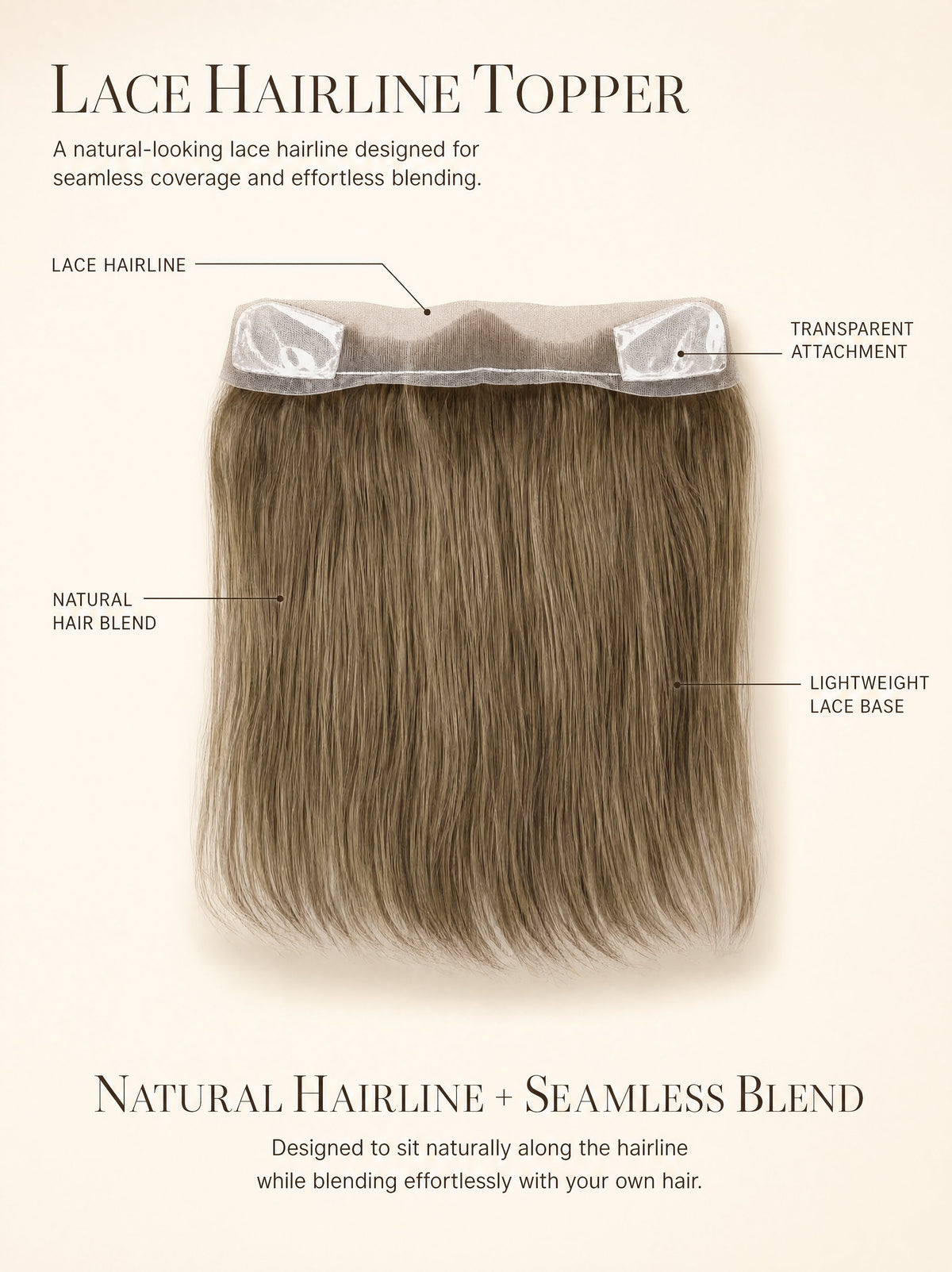Lace hairline topper showing transparent attachment and lightweight lace base