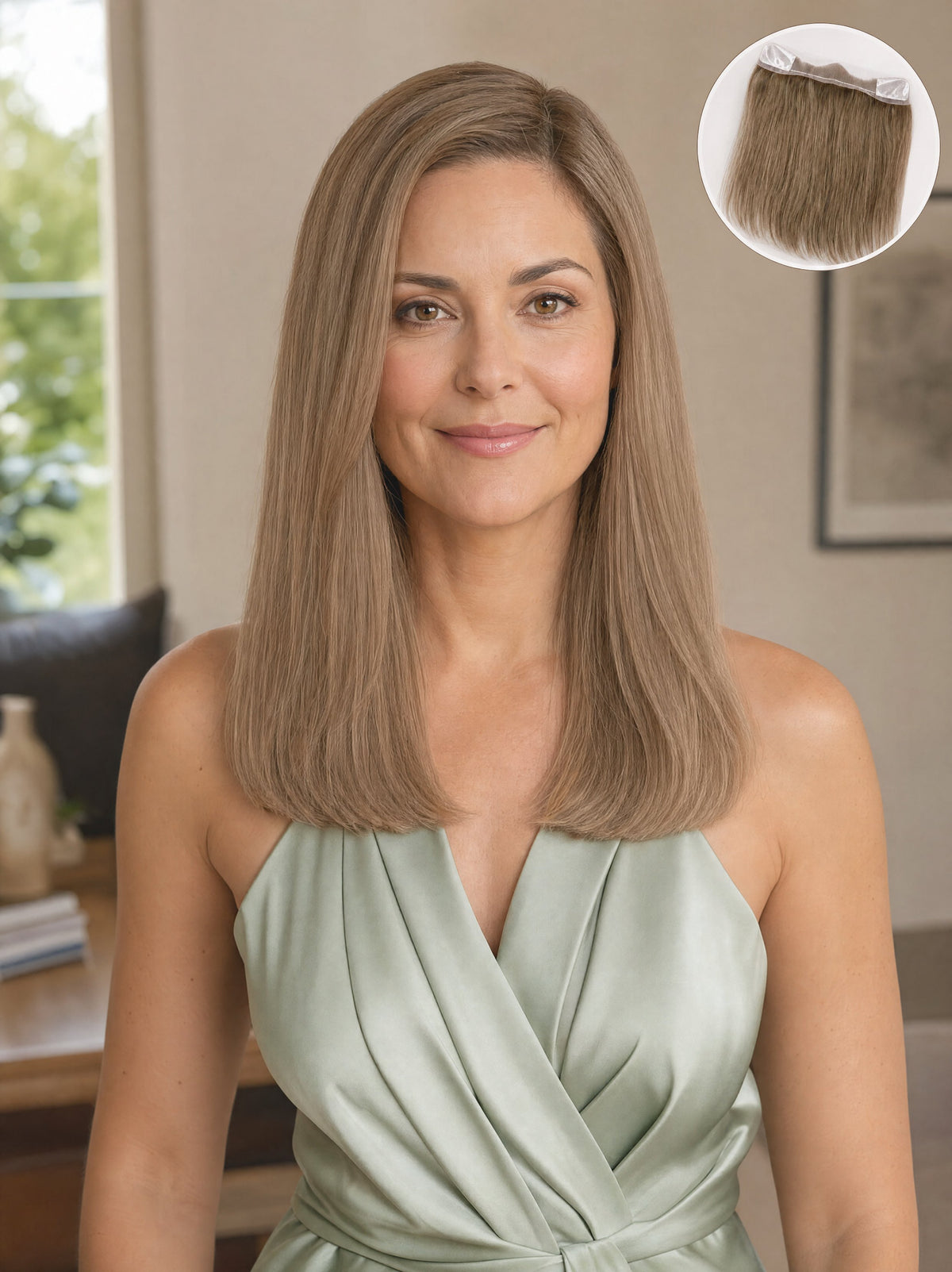 Medium-brown lace hairline topper styled to a straight shoulder-length bob