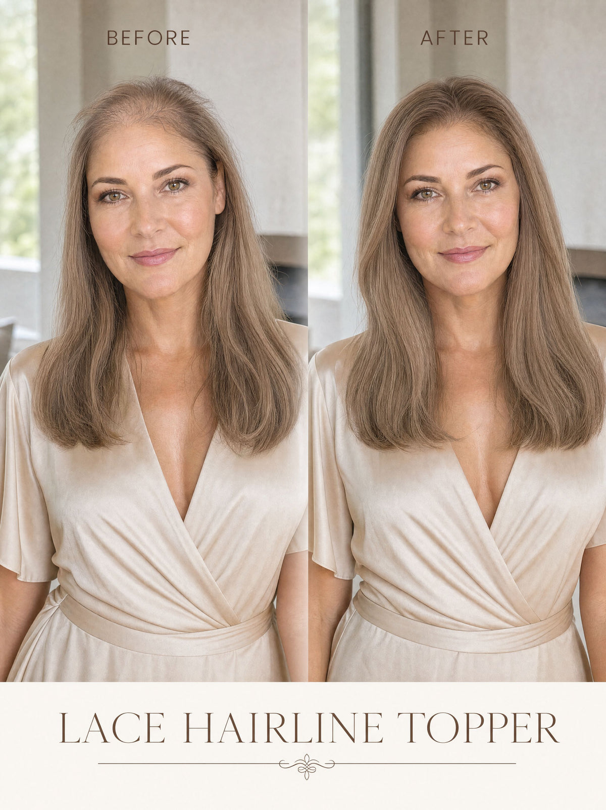 Lace hairline topper before-and-after on model, fuller medium brown hair look