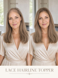 Lace hairline topper before-and-after on model, fuller medium brown hair look