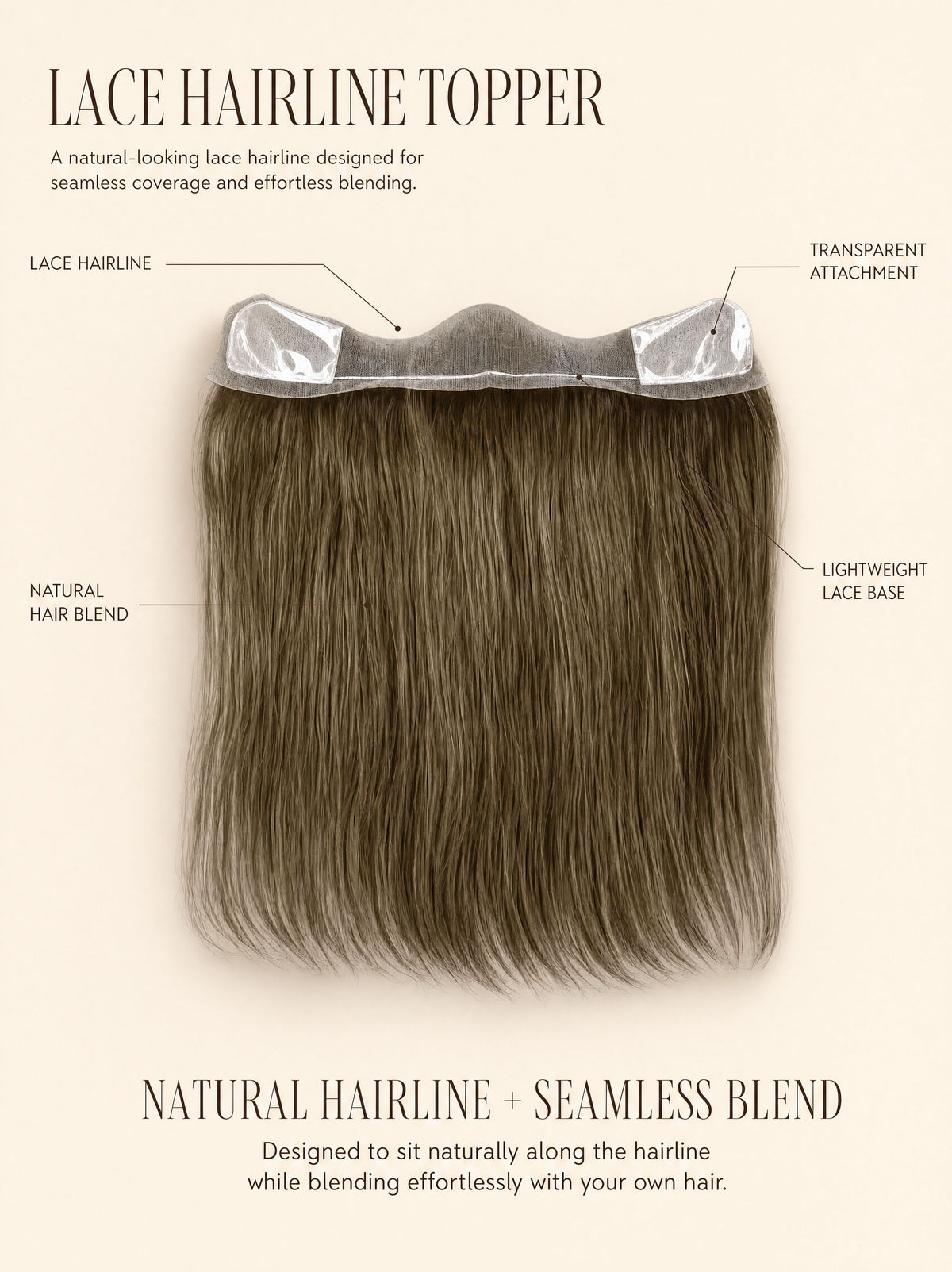 Lace hairline topper with transparent attachment panels and medium brown hair