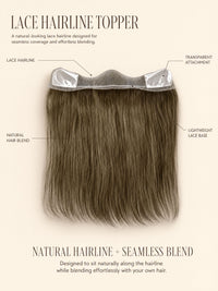 Lace hairline topper with transparent attachment panels and medium brown hair