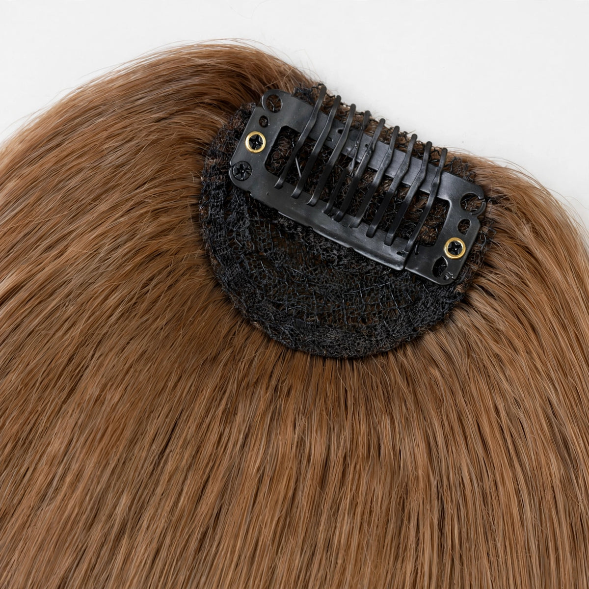 Clip-in hair bangs, light brown straight fringe with black mesh base and comb clips