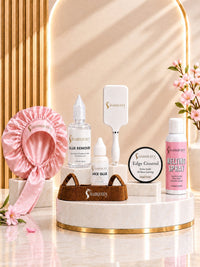 Luxury wig kit with satin bonnet, glue remover, lace glue, edge control, and spray bottles