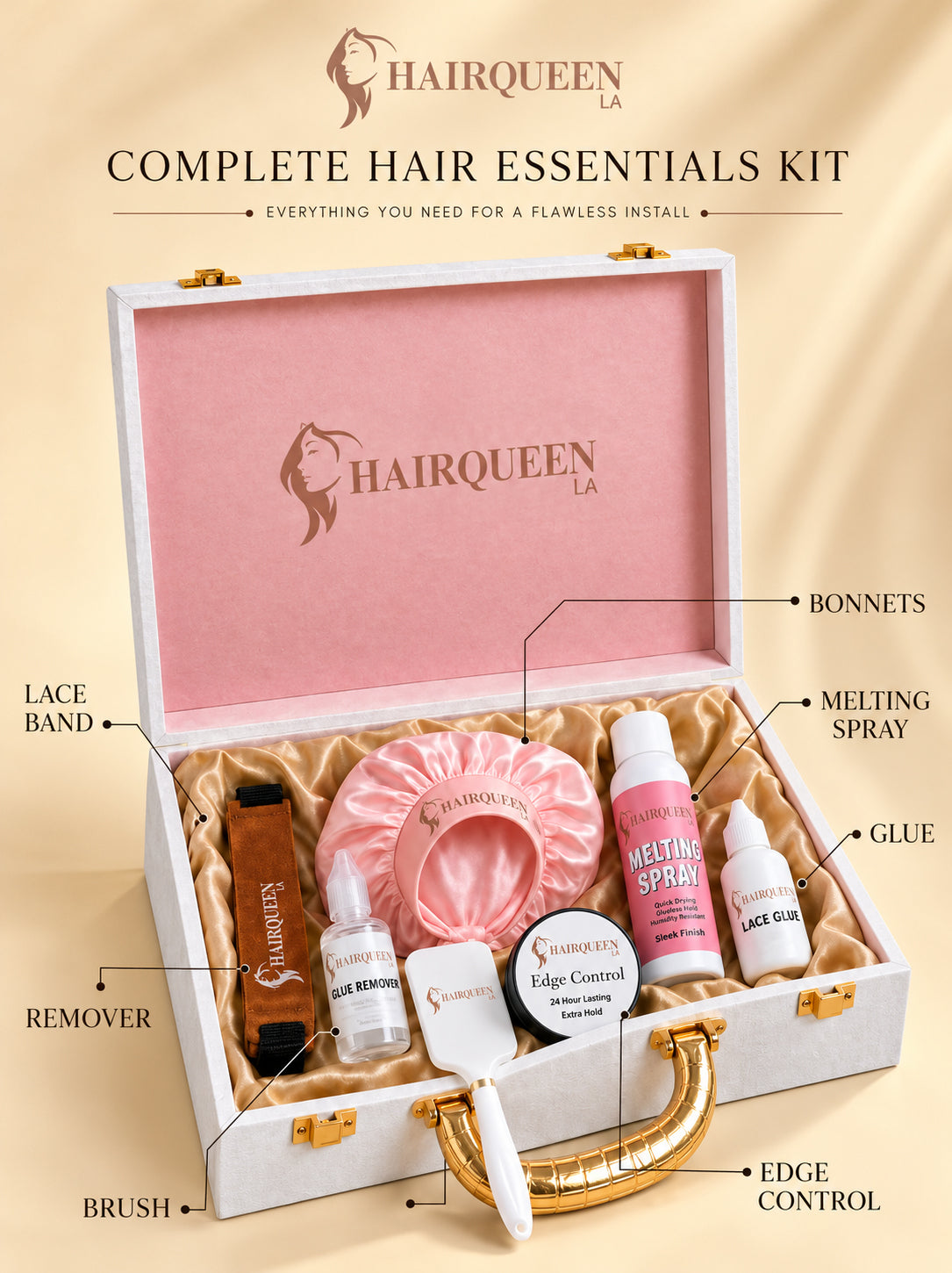 Complete wig kit essentials with pink bonnet, lace band, melting spray, glue, remover, brush