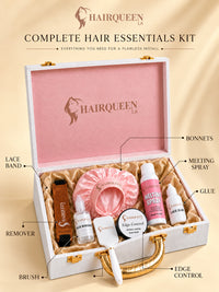 Complete wig kit essentials with pink bonnet, lace band, melting spray, glue, remover, brush