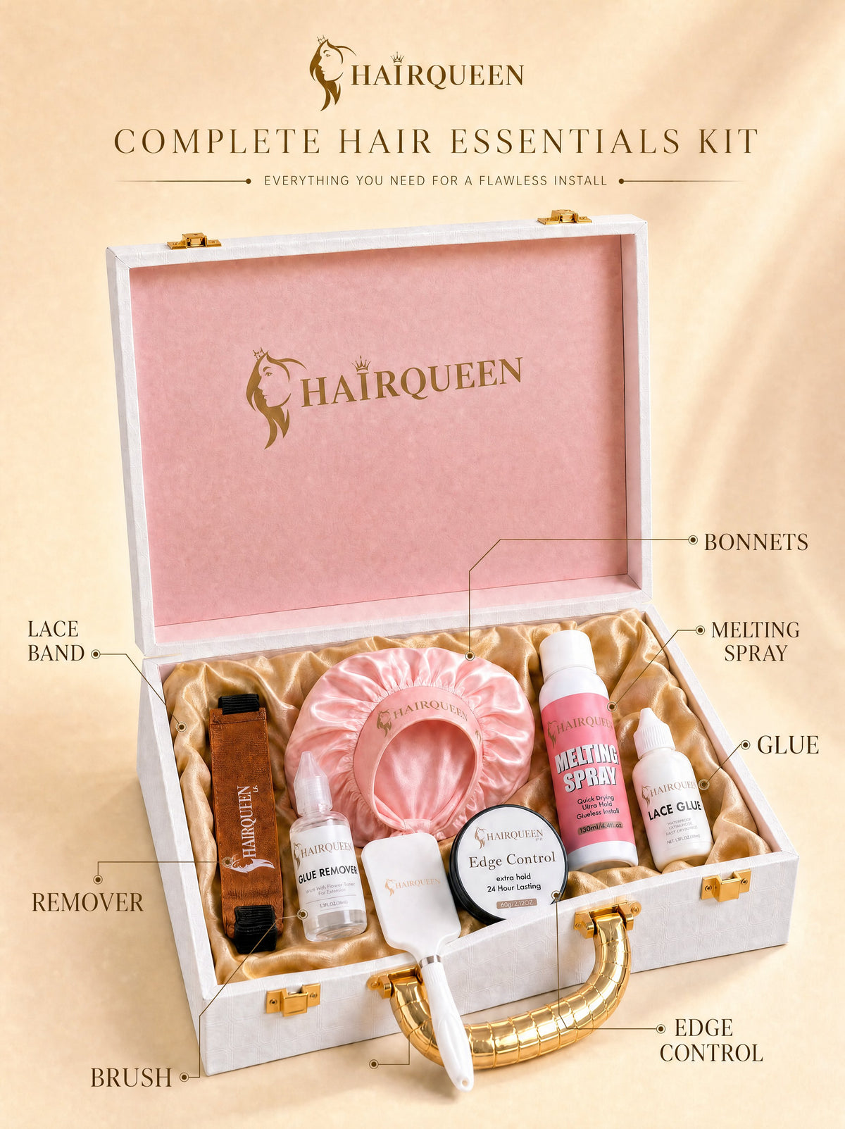 HairQueen wig essentials kit box with lace band, bonnet, lace glue, and edge control