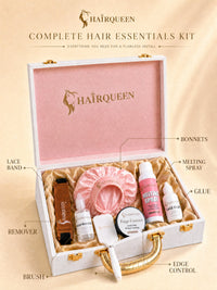 HairQueen wig essentials kit box with lace band, bonnet, lace glue, and edge control