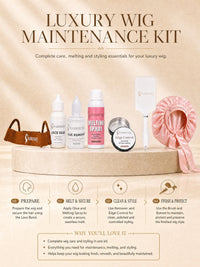 Luxury wig maintenance kit with bonnet, glue remover, edge control applicator, and sprays