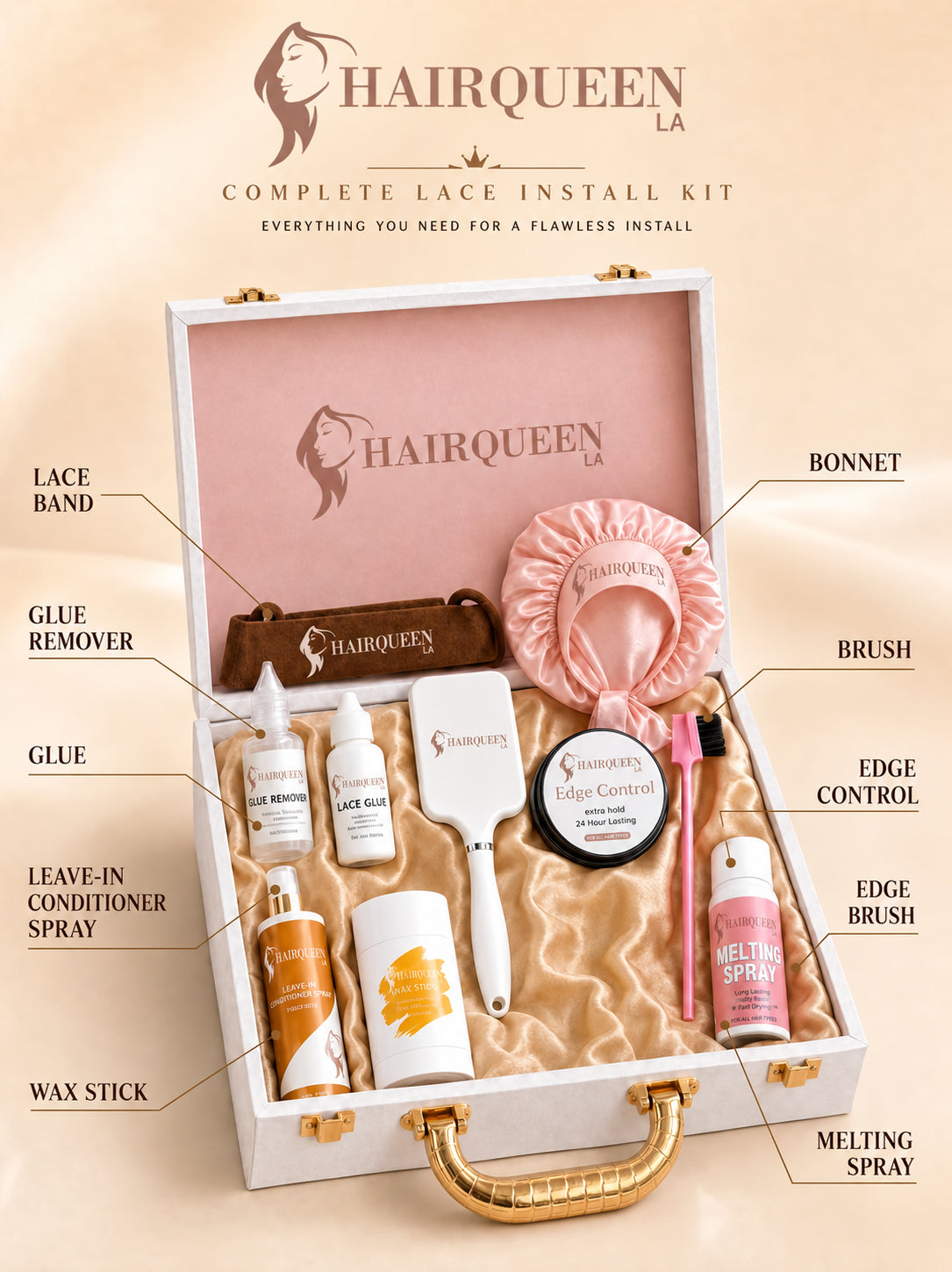 Complete lace install kit with lace band, bonnet, brush, glue remover, and edge tools