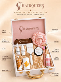 Complete lace install kit with lace band, bonnet, brush, glue remover, and edge tools