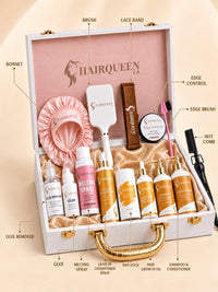 Luxury wig kit box showing bonnets, glue remover, melting spray, edge control, comb