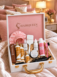 Luxury wig kit in open pink case with satin bonnet, sprays, bottles, and hair tools