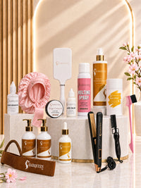 Luxury wig kit with HairQueen care bottles, tools, pink lace cap, and box organizer