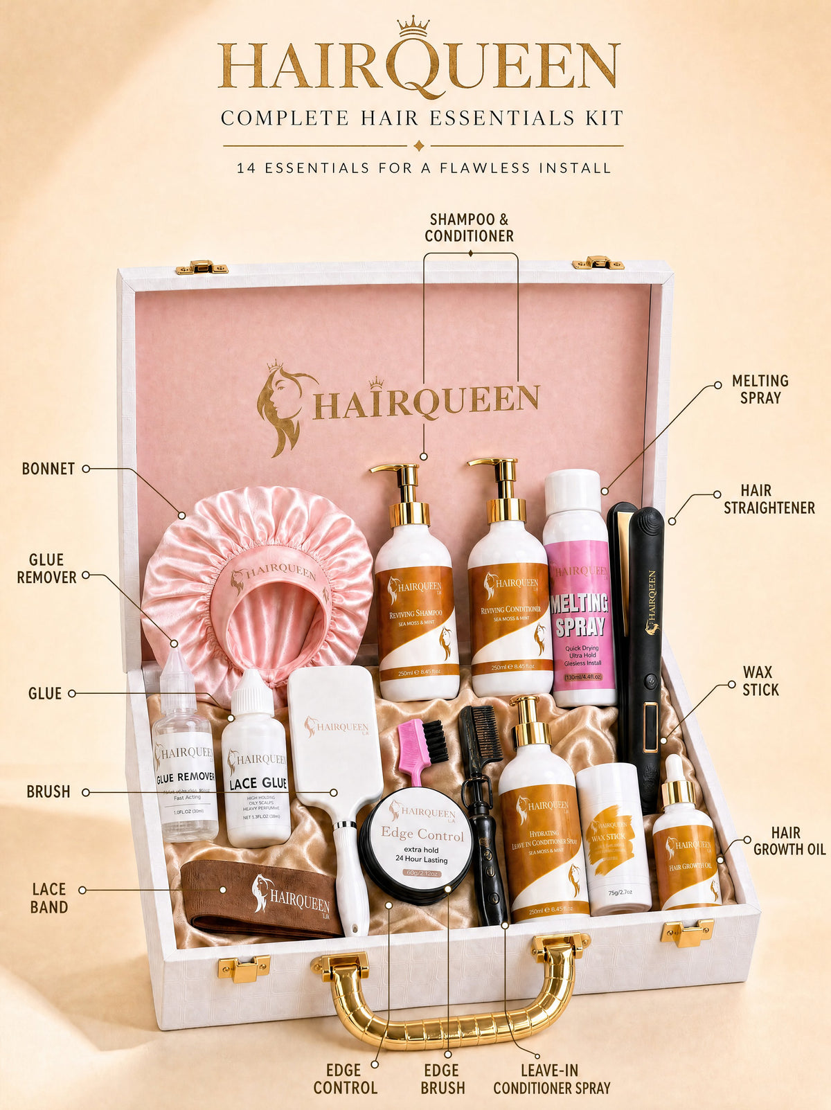 HairQueen luxury wig kit organizer with bottles, tools, pink lace cap, and guide labels