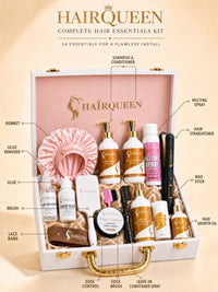 HairQueen luxury wig kit organizer with bottles, tools, pink lace cap, and guide labels