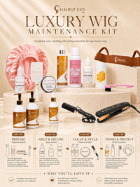 Luxury wig maintenance kit contents with HairQueen bottles, melting spray, lace glue, and tools