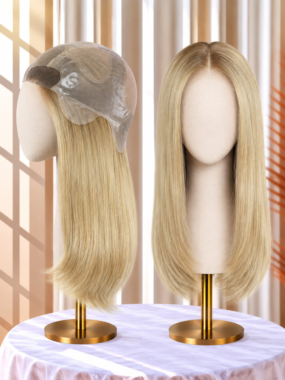 Blonde long straight mono medical wig on mannequin with visible lace front