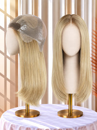 Blonde long straight mono medical wig on mannequin with visible lace front