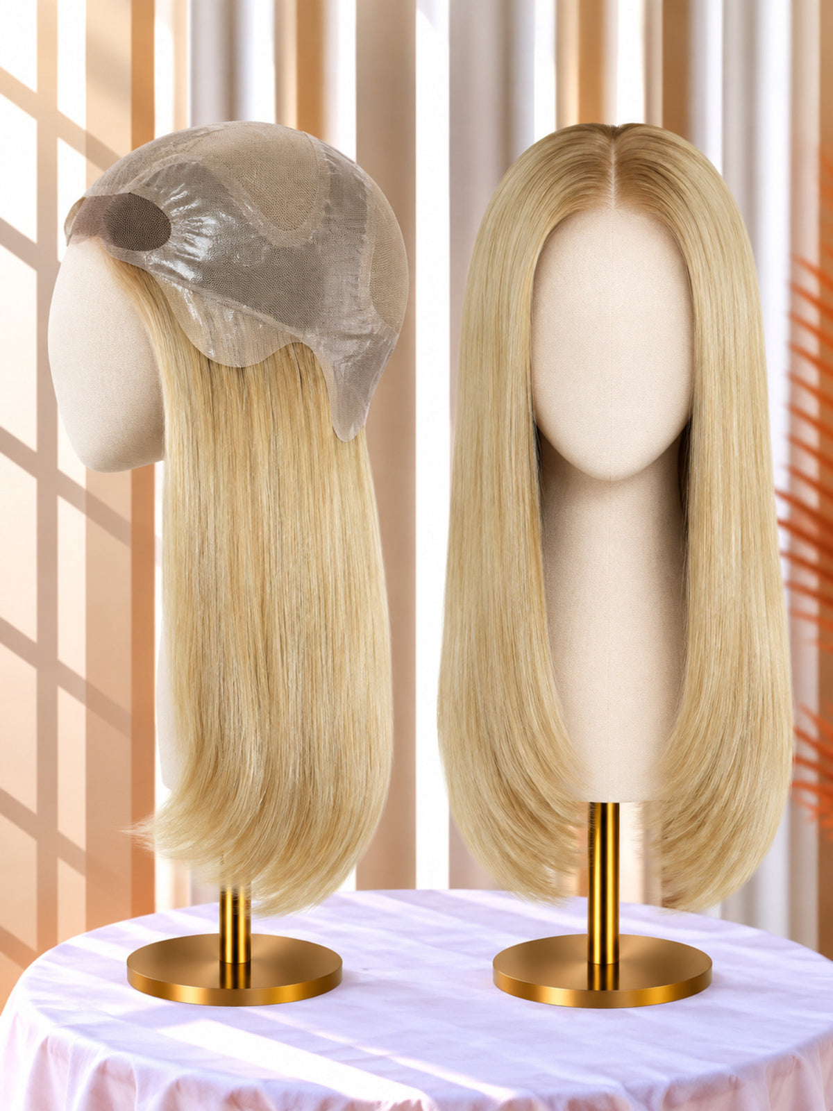 Bleach blonde long straight mono medical wig on stands, lace-front cap visible