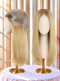 Bleach blonde long straight mono medical wig on stands, lace-front cap visible