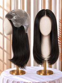 Black long straight mono medical wig on stands, with lace-front cap visible