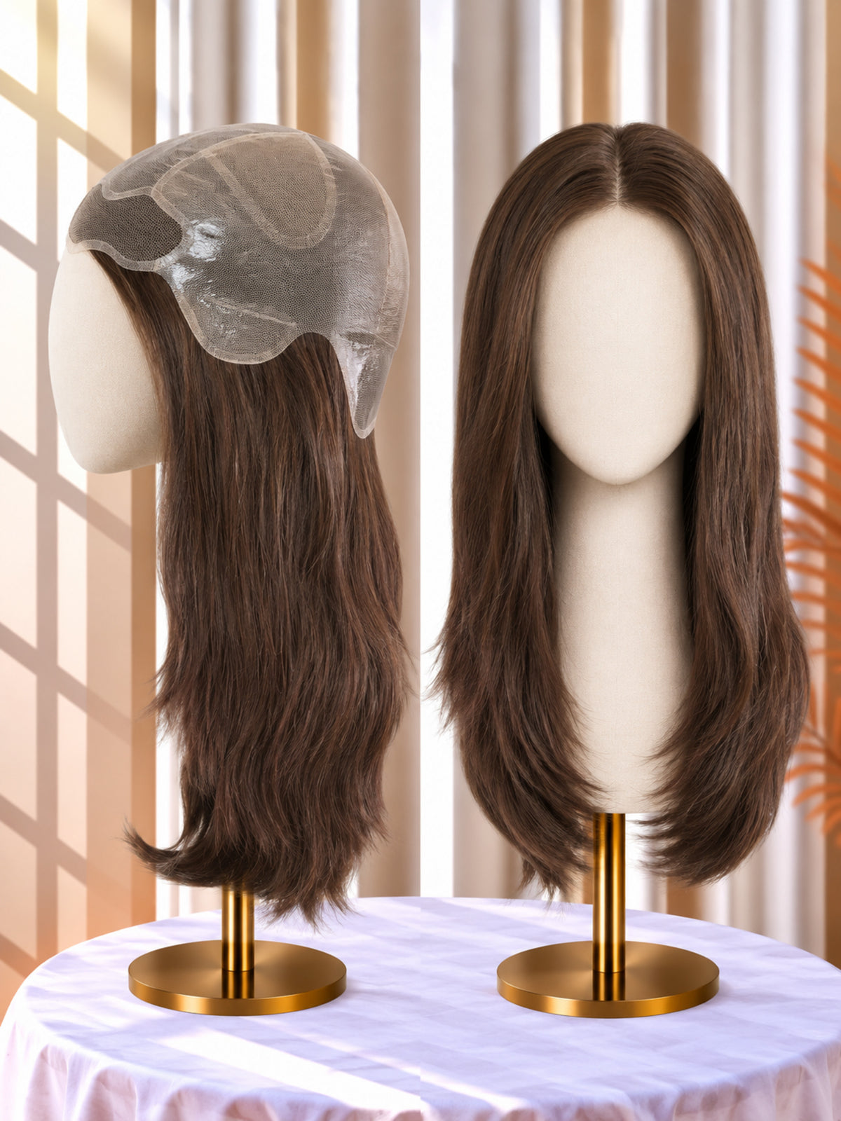 Medium brown long straight mono medical wigs on stands, lace-front cap visible