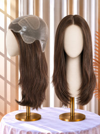 Medium brown long straight mono medical wigs on stands, lace-front cap visible