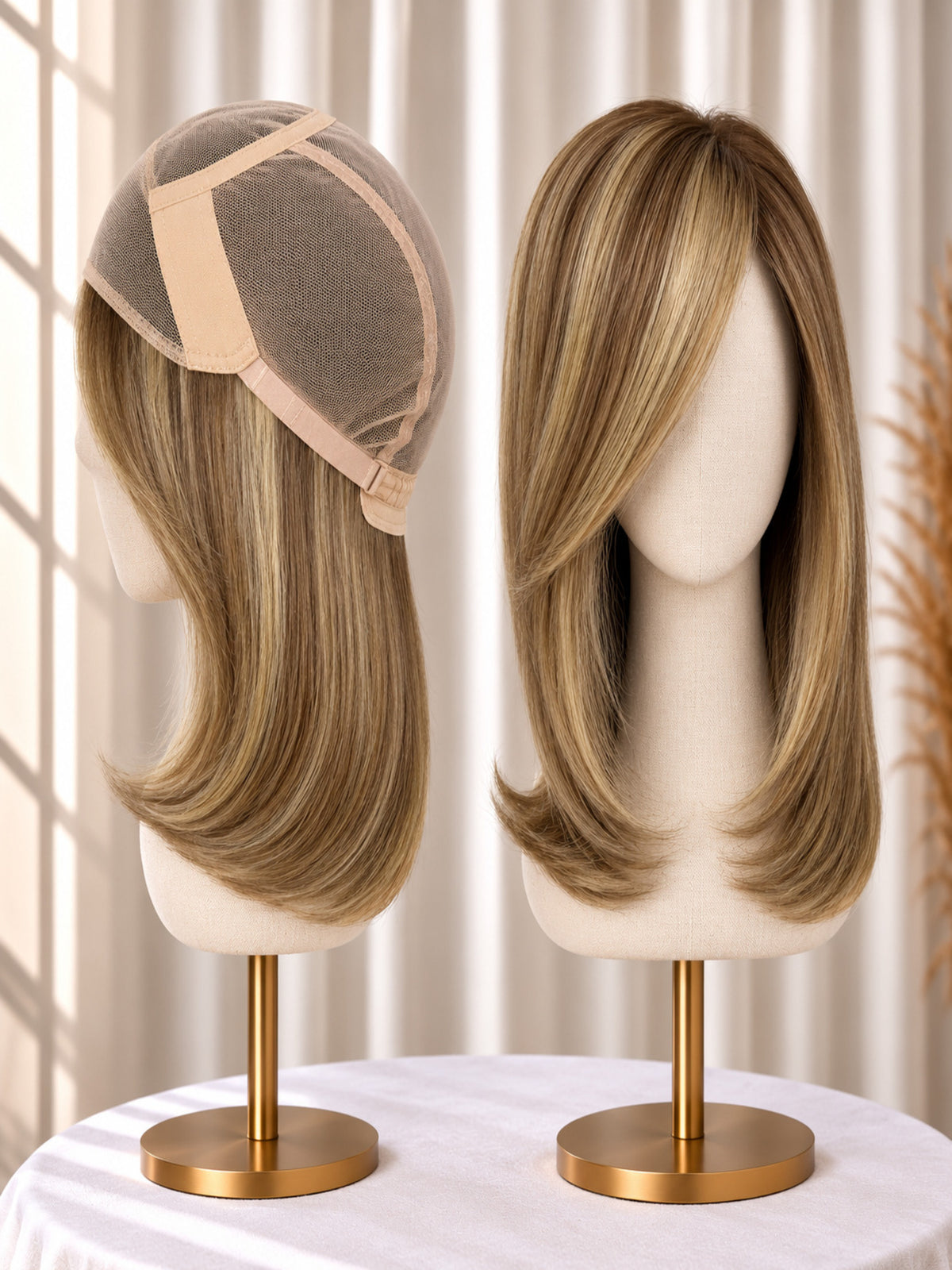 Honey blonde lace-front wig with fine mono top, shoulder-length layered bob.