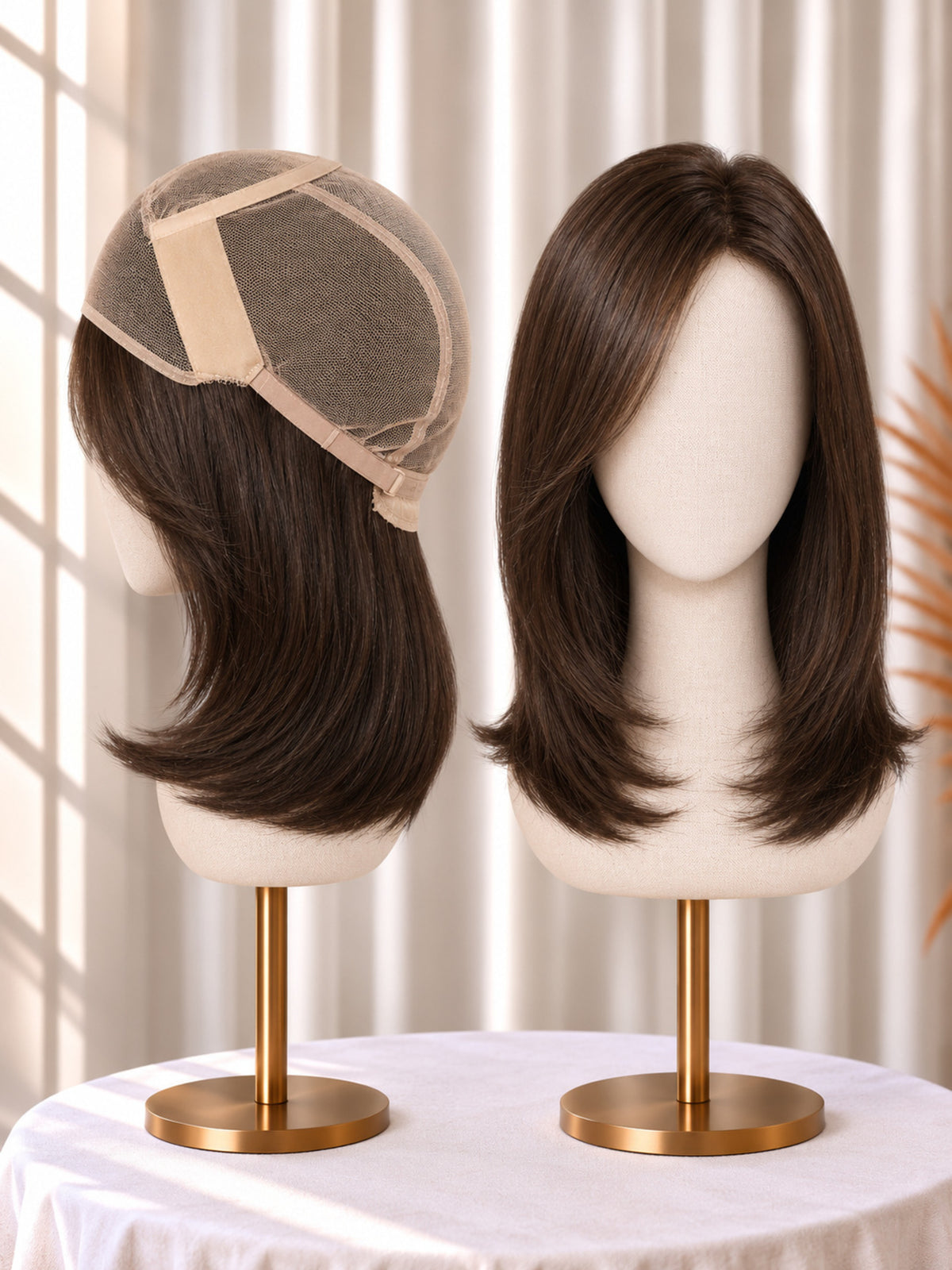 Medium-dark brown lace-front wig with fine mono top, shoulder-length straight bob.