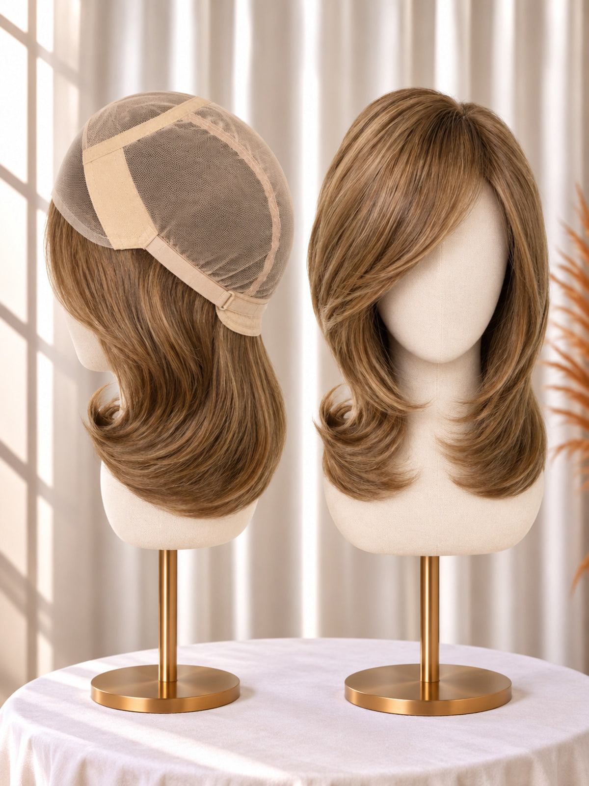 Golden brown lace-front wig with fine mono top, shoulder-length wavy bob.