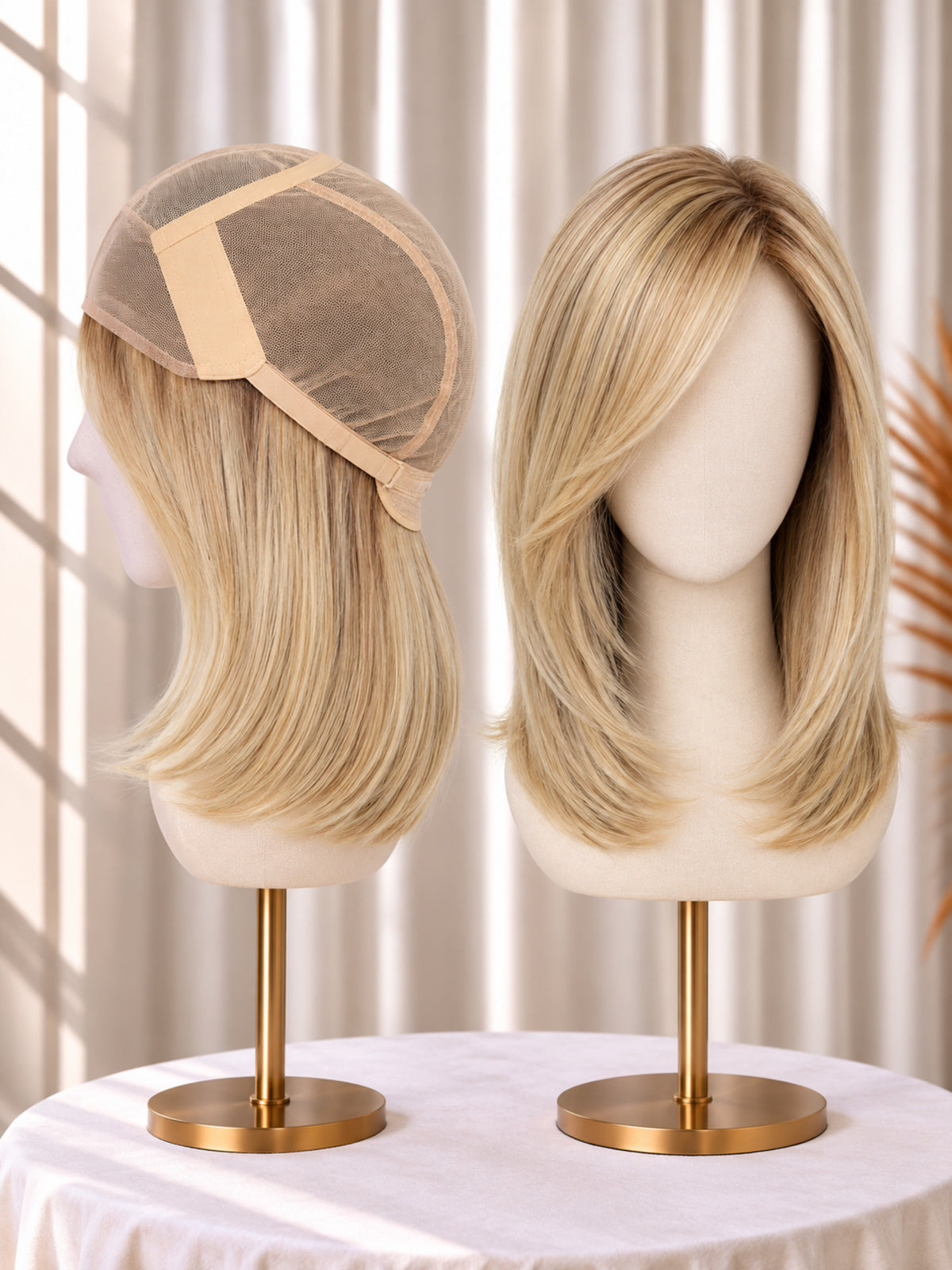 Platinum blonde lace-front wig with fine mono top, shoulder-length straight bob.