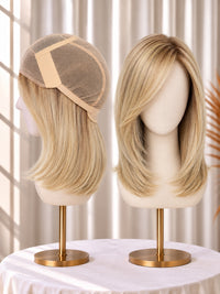 Platinum blonde lace-front wig with fine mono top, shoulder-length straight bob.