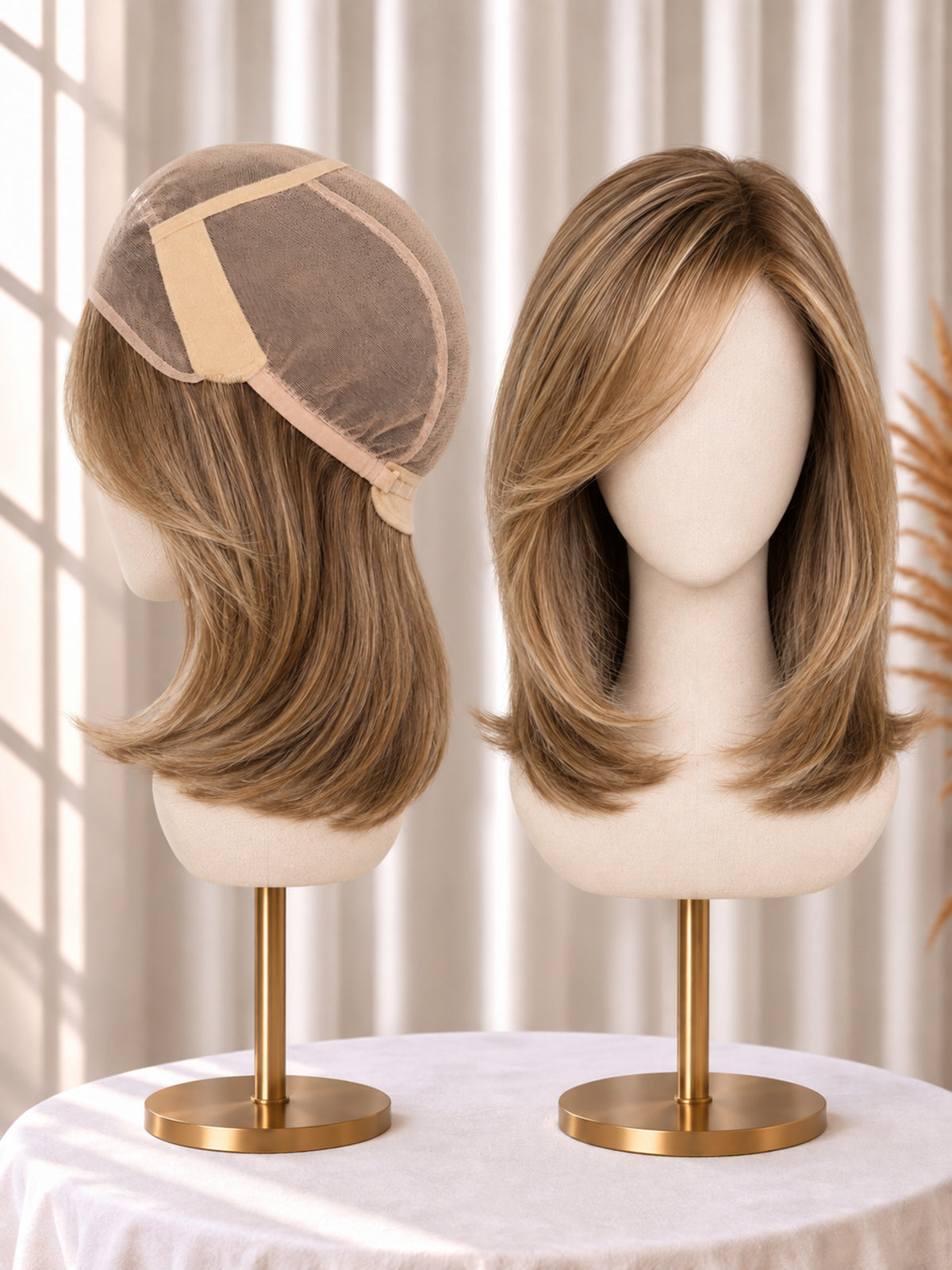 Light brown lace-front wig with fine mono top, shoulder-length layered bob.