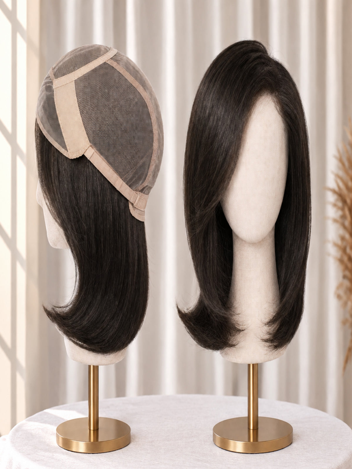 Dark brown lace-front wig with fine mono top, shoulder-length sleek bob.