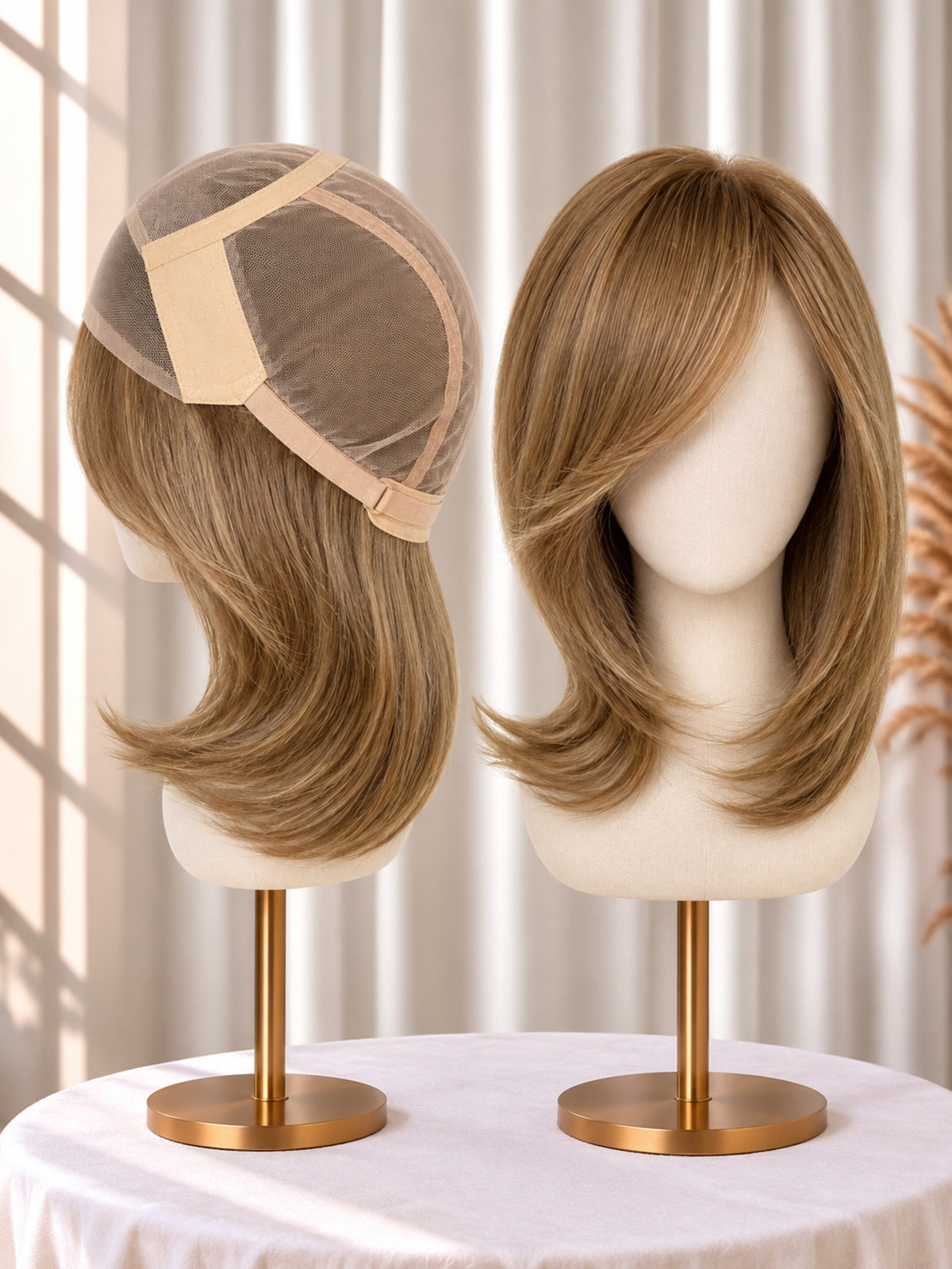 Warm light brown lace-front wig with fine mono top, shoulder-length wavy bob.