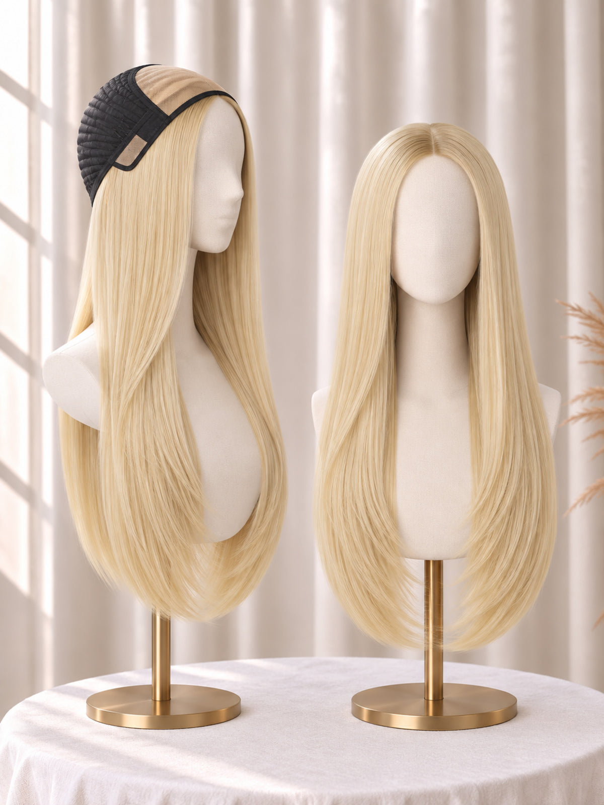 Light blonde long lace-front wig on mannequin with lace cap, straight smooth hair