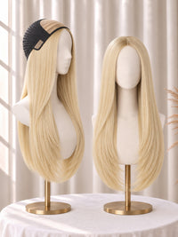 Light blonde long lace-front wig on mannequin with lace cap, straight smooth hair