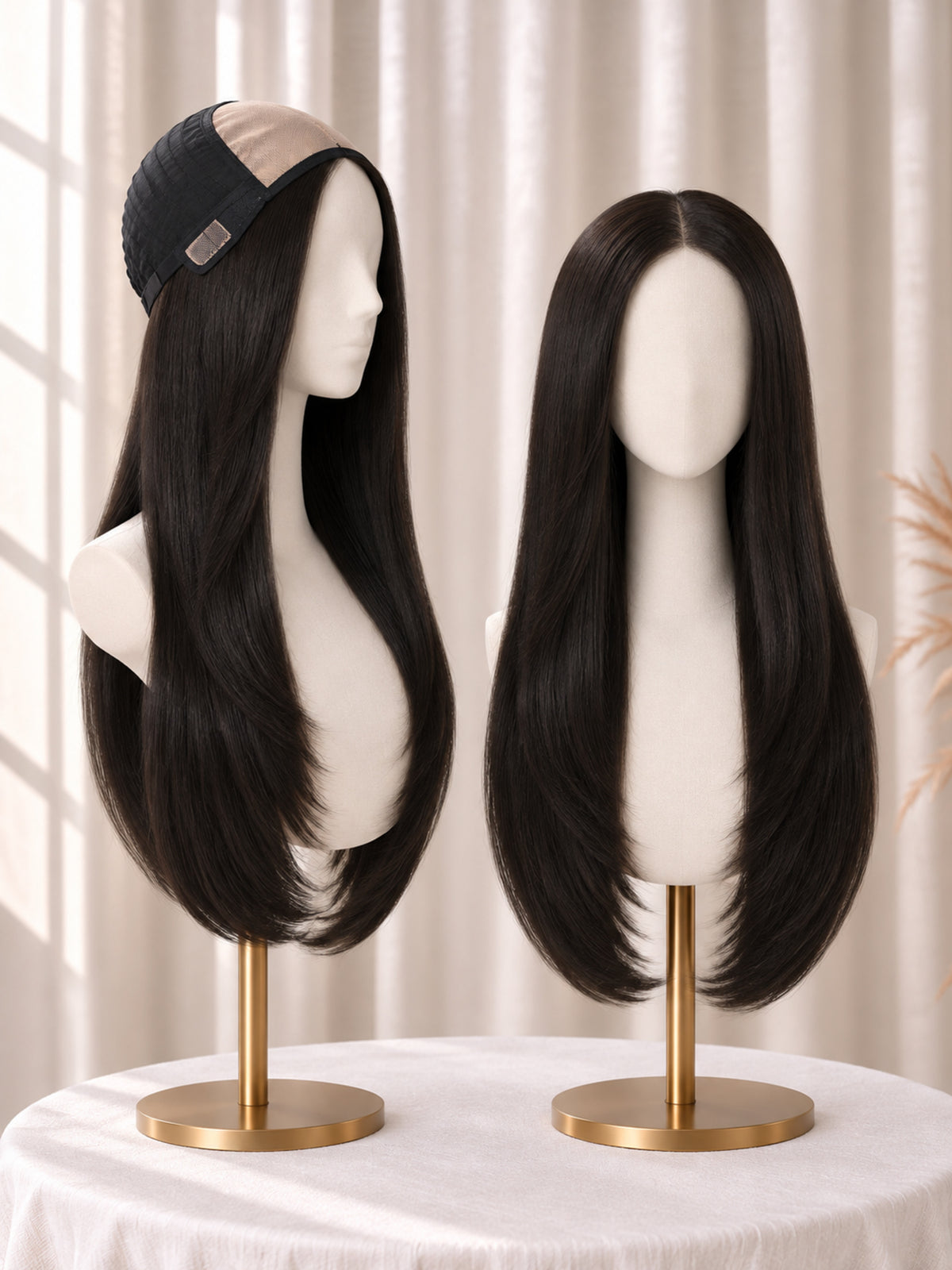 Dark long lace-front wig with visible cap on mannequin, straight center part