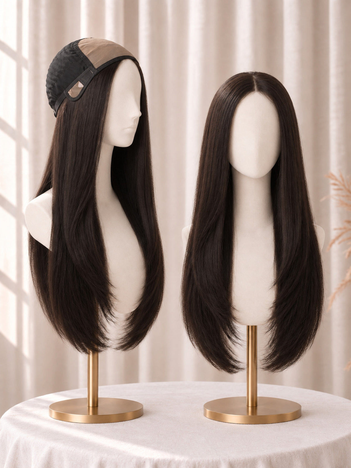 Dark long lace-front medical wig on mannequin head, straight sleek style