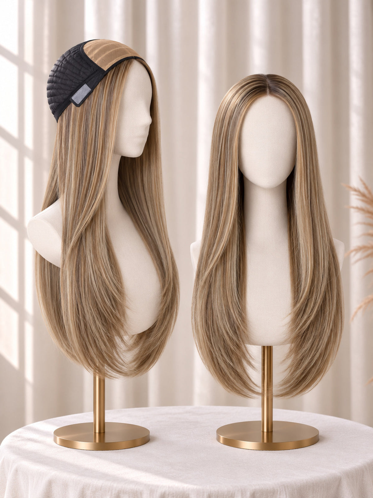 Light blonde long lace-front medical wig on mannequin head, straight center part