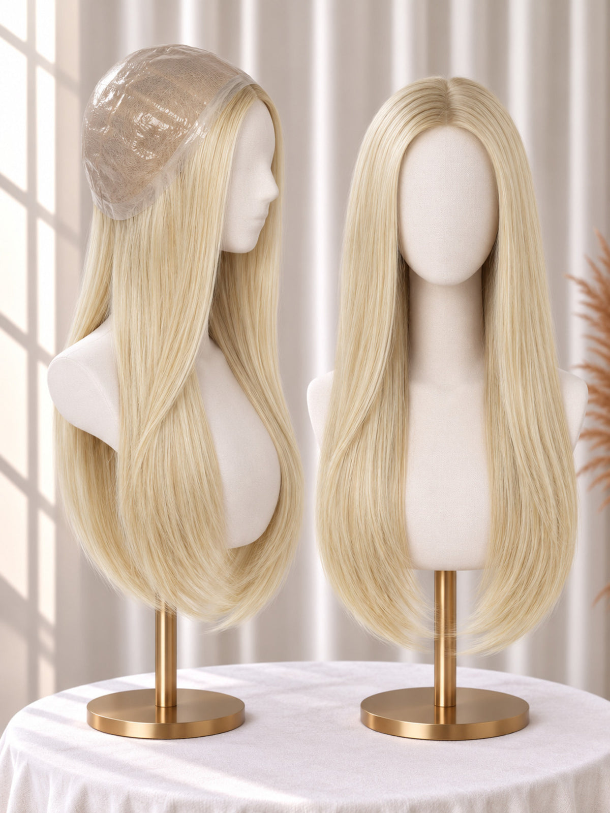 Thin polyskin base medical wig, long pale-blonde wavy layers on stand