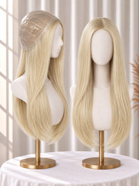 Thin polyskin base medical wig, long pale-blonde wavy layers on stand