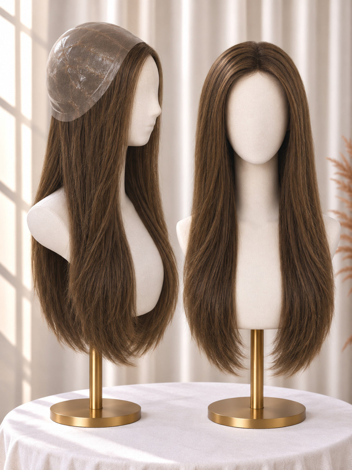 Thin polyskin base medical wig, long chestnut-brown side-part waves on stand