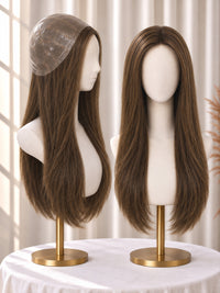 Thin polyskin base medical wig, long chestnut-brown side-part waves on stand