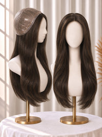 Thin polyskin base medical wig, long dark-brown side-part waves on stand