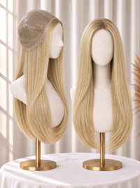 Thin polyskin base medical wig, long golden-blonde layers on stand
