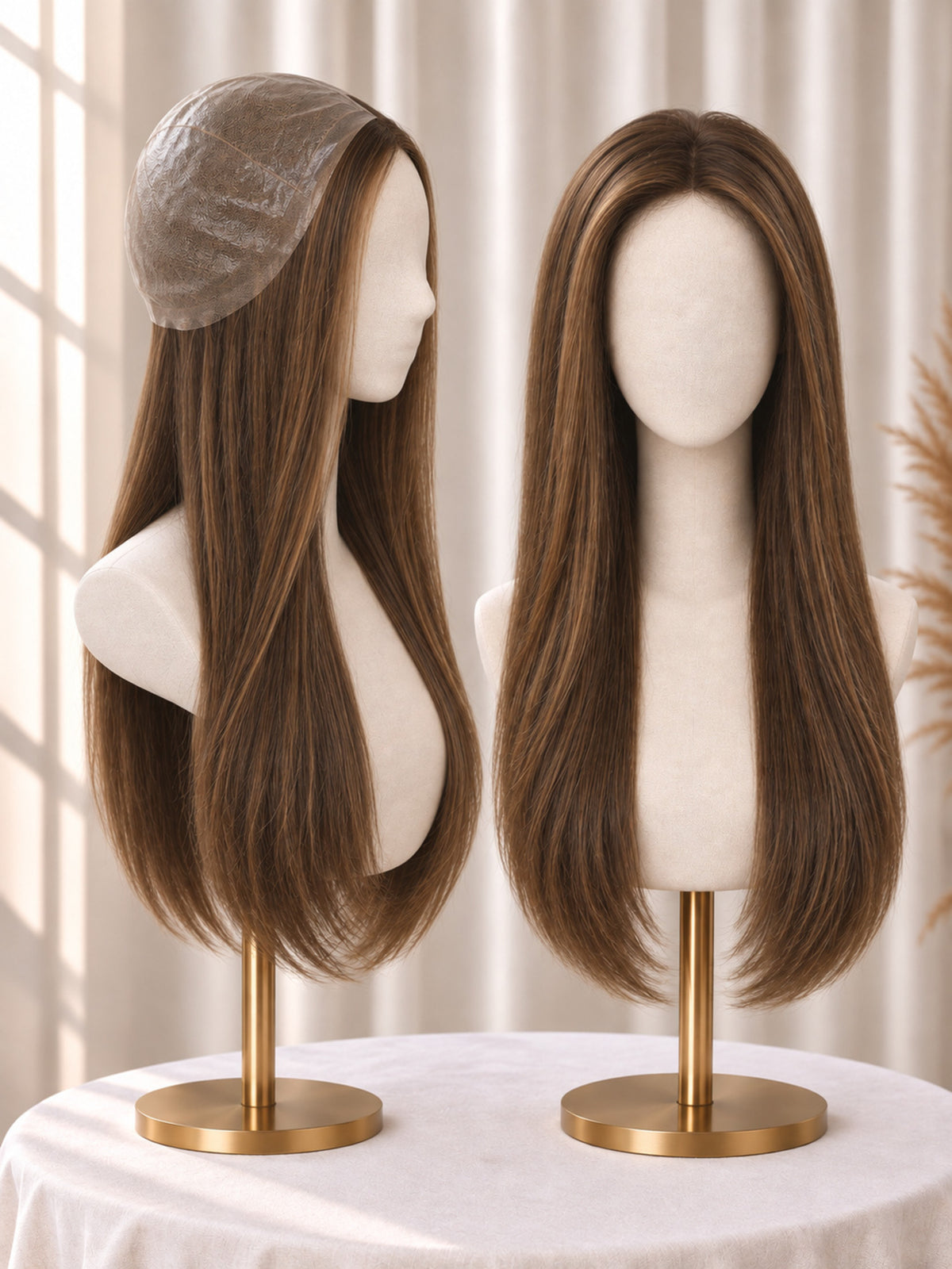 Thin polyskin base medical wig, long medium-brown side-part waves on stand