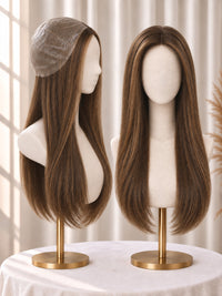 Thin polyskin base medical wig, long medium-brown side-part waves on stand