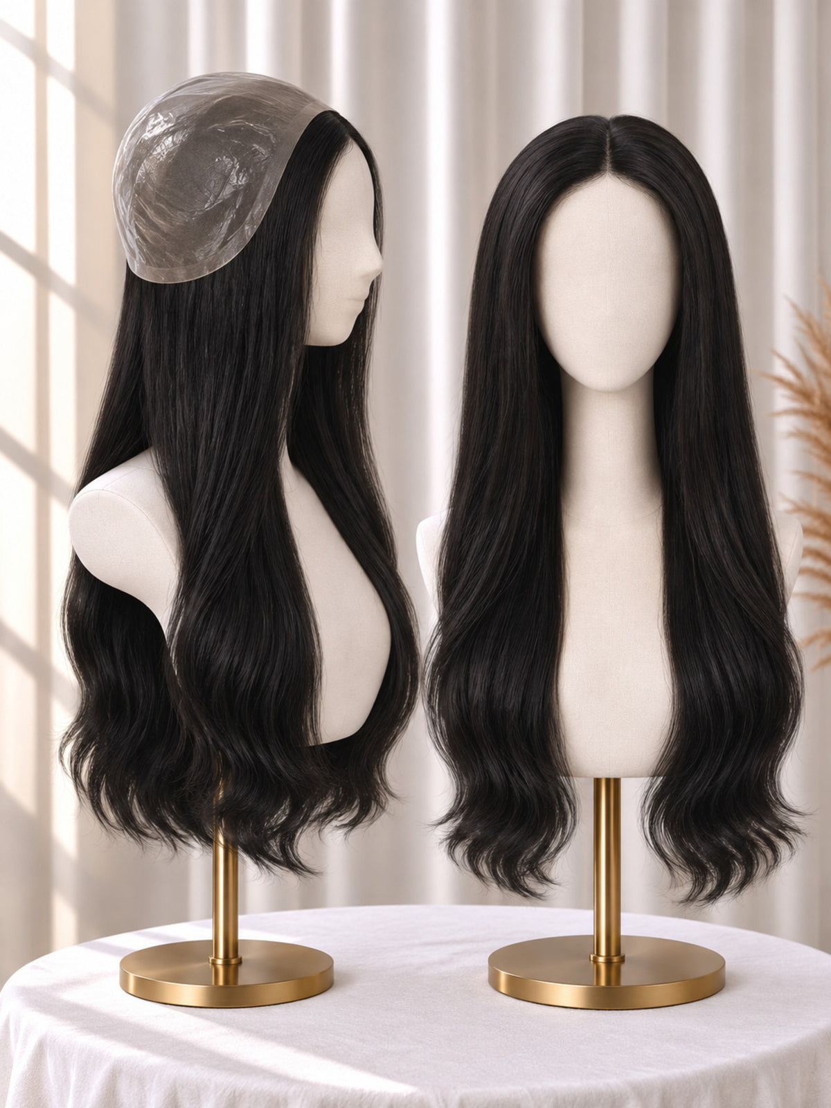 Thin polyskin base medical wig, long black side-part waves on stand